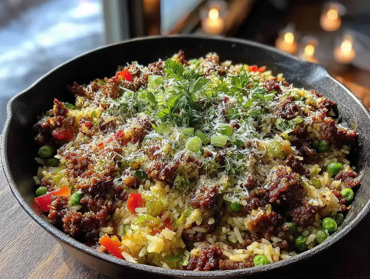 easy cheesy beef and rice skillet preparation steps