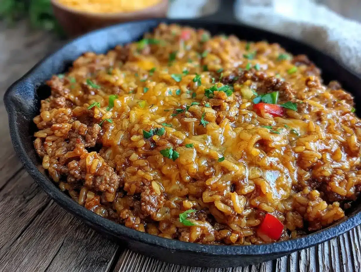 easy cheesy ground beef and rice skillet preparation steps