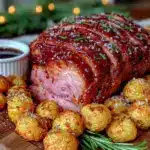 easy honey glazed ham with rosemary roasted potatoes - featured image