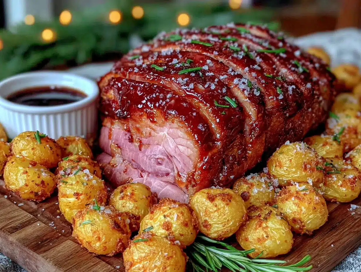 easy honey glazed ham with rosemary roasted potatoes - featured image