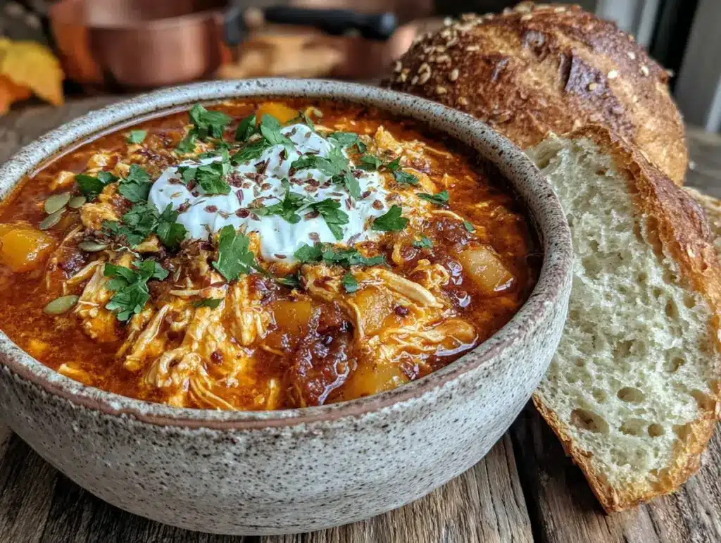 easy slow cooker chicken pumpkin chili - featured image