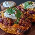 loaded baked sweet potato skins with turkey chili - featured image
