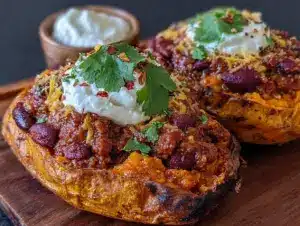 loaded baked sweet potato skins with turkey chili - featured image
