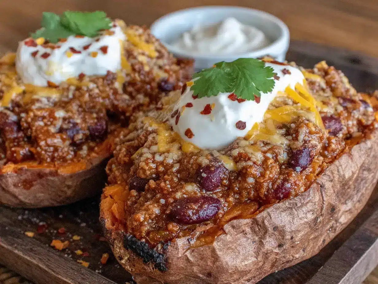 loaded baked sweet potato skins with turkey chili preparation steps
