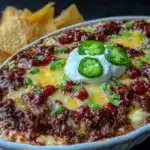 loaded nacho football dip with ground beef - featured image