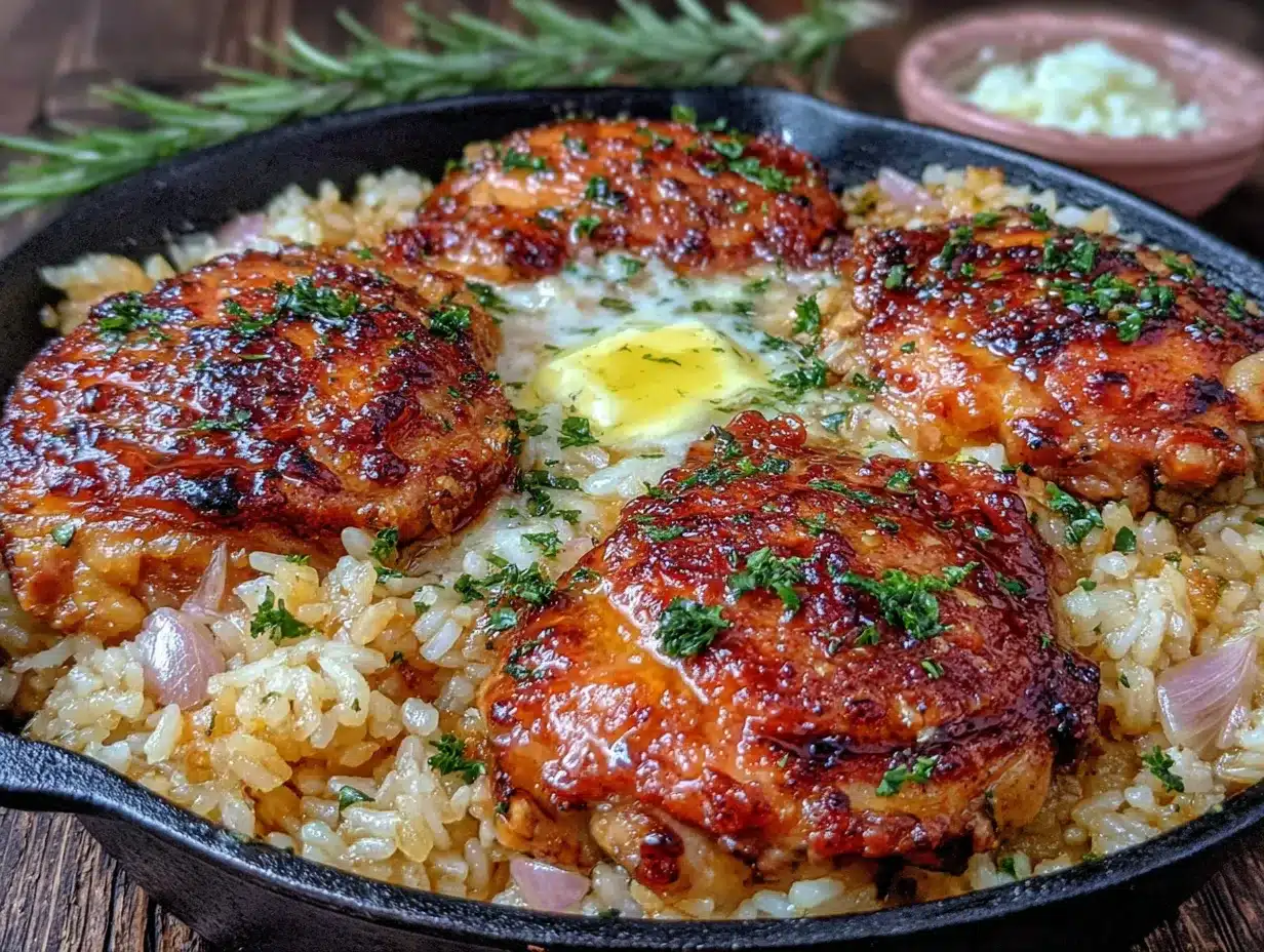 one-pan garlic butter chicken and rice preparation steps