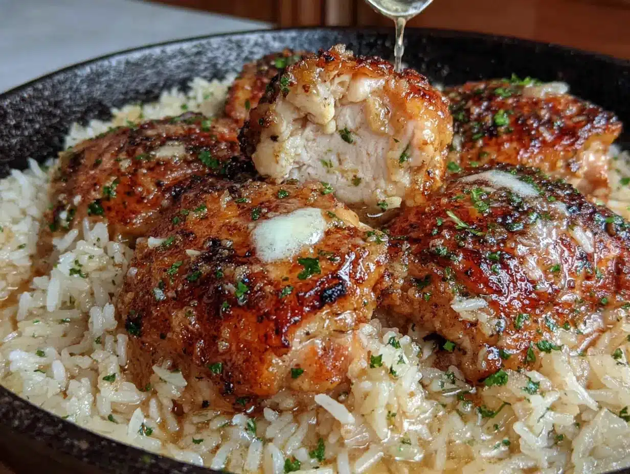 one-pan garlic butter chicken and rice preparation steps