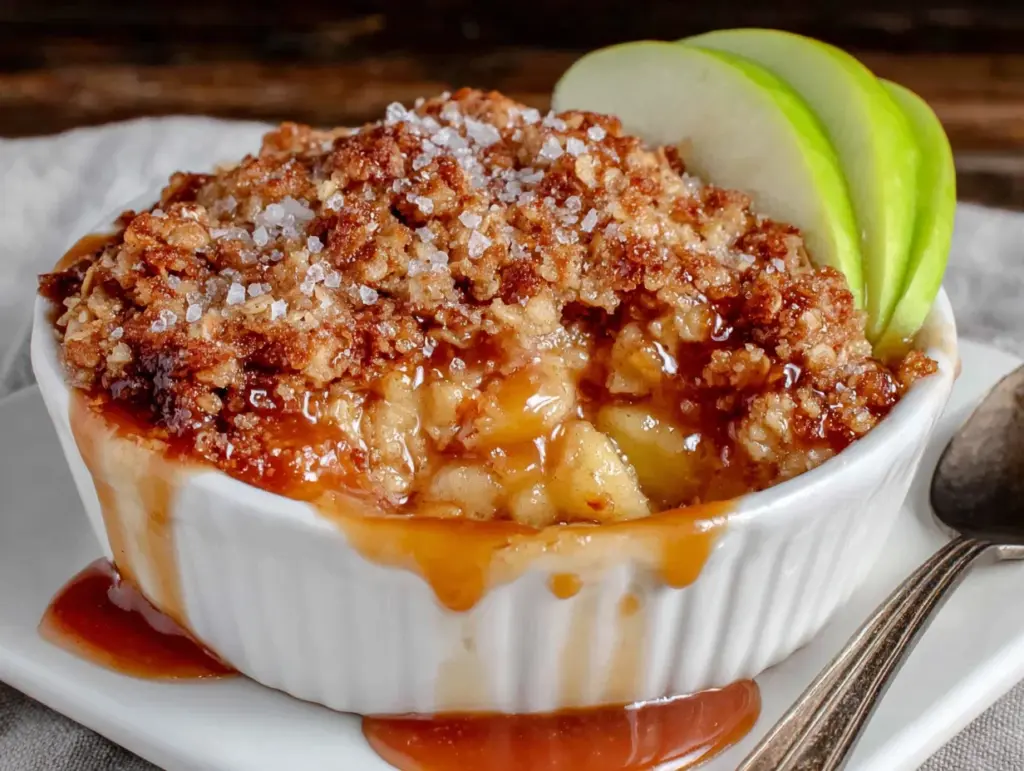 salted caramel apple crisp for two - featured image