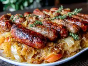 sheet pan sausage sauerkraut and apples - featured image