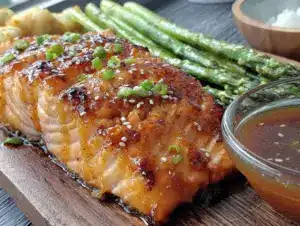 sticky honey garlic baked salmon - featured image