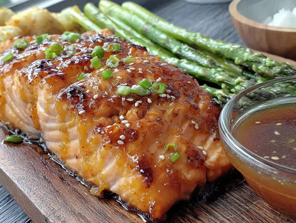sticky honey garlic baked salmon - featured image