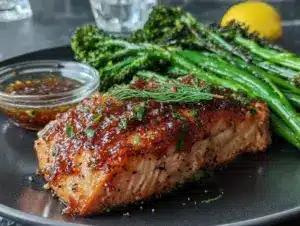 sticky honey garlic salmon - featured image