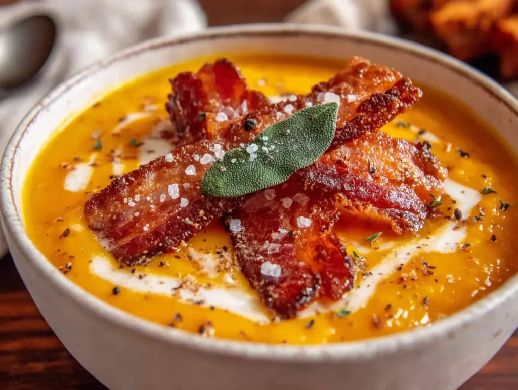 butternut squash and sage soup with bacon - featured image