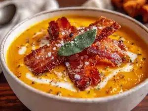 butternut squash and sage soup with bacon - featured image