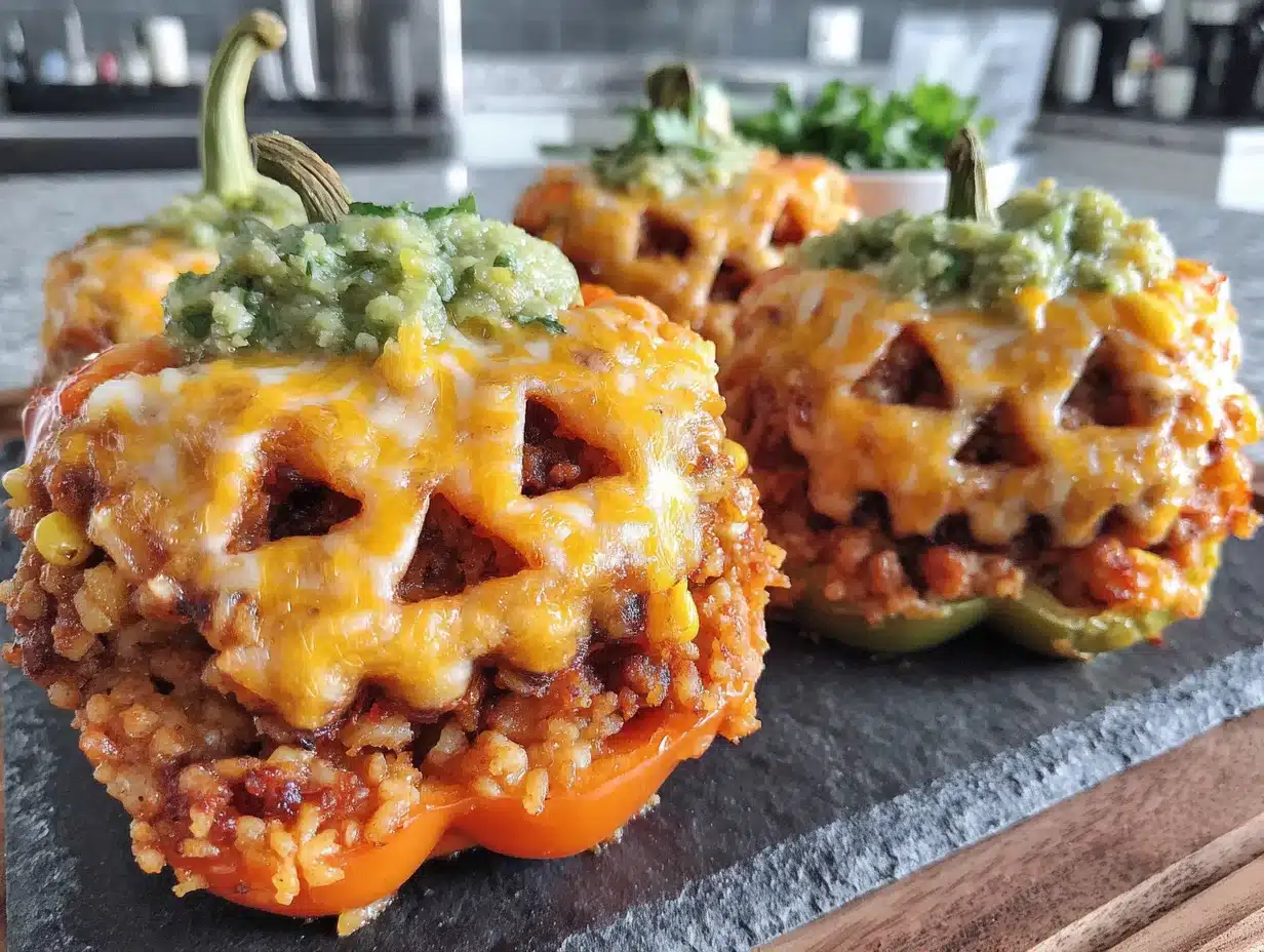 cozy jack-o-lantern stuffed bell peppers - featured image