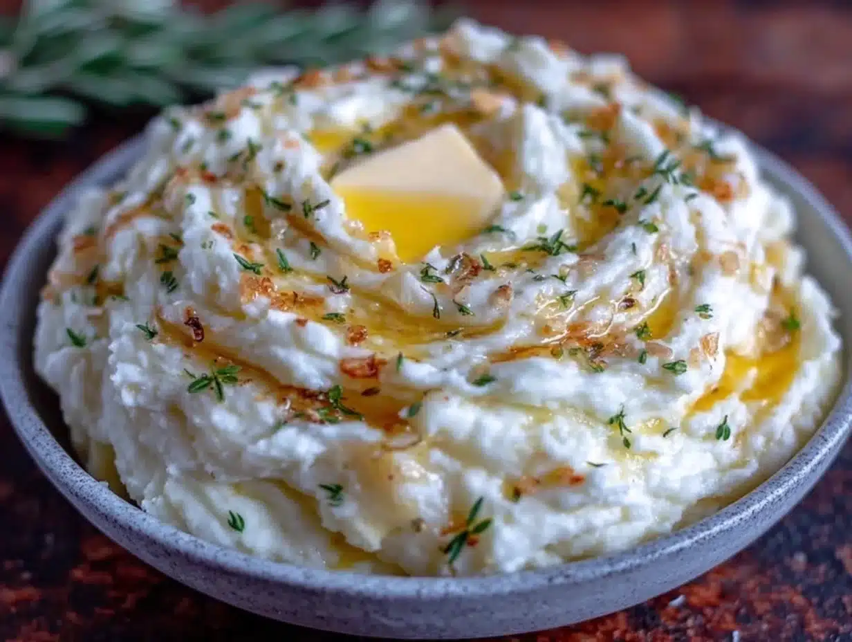 Crockpot Garlic Cream Cheese Mashed Potatoes - featured image