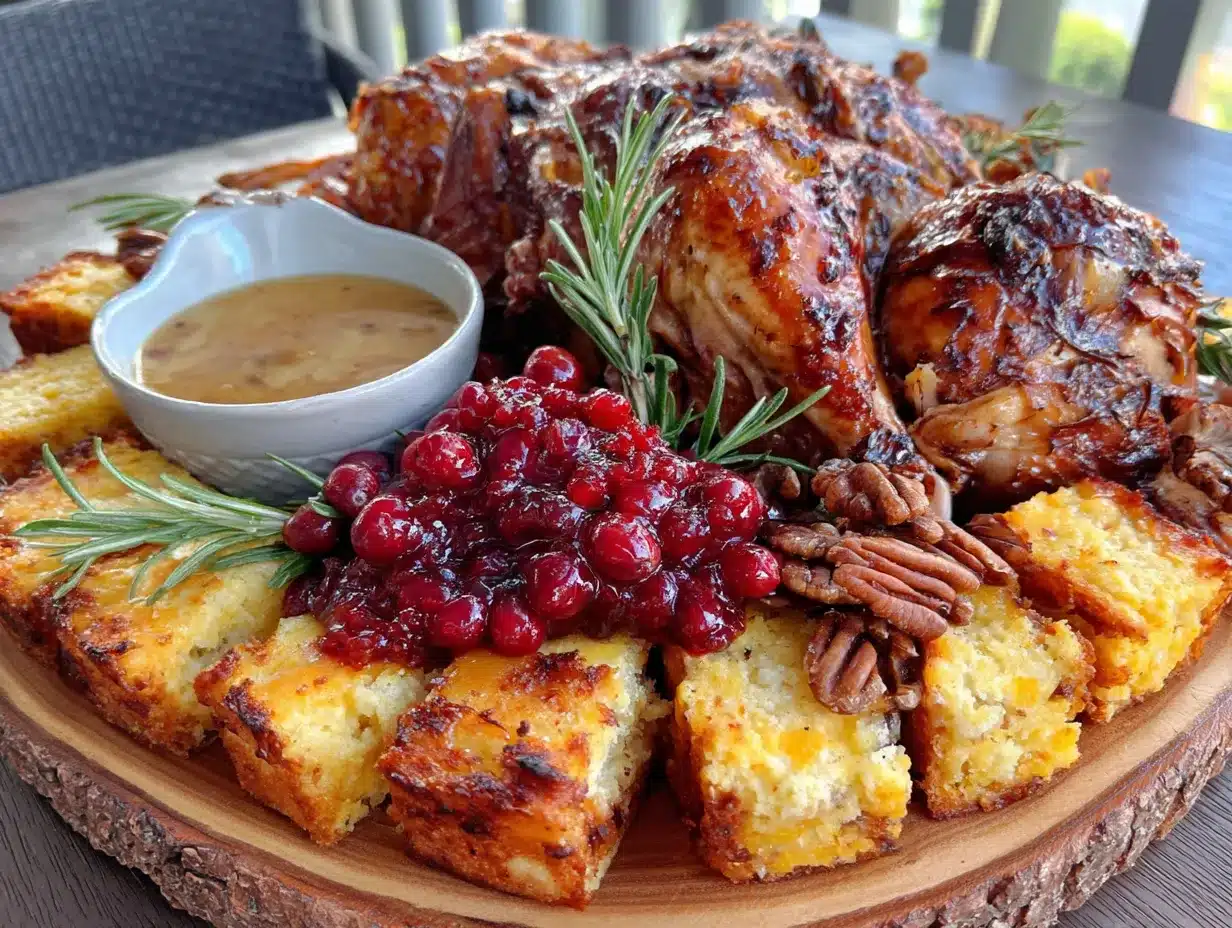 thanksgiving charcuterie board with turkey preparation steps