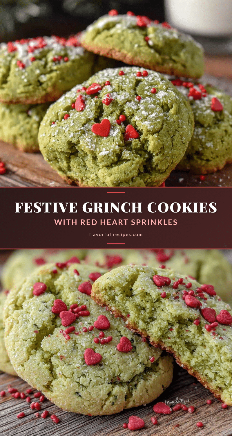 Grinch cookies with red heart sprinkles recipe
